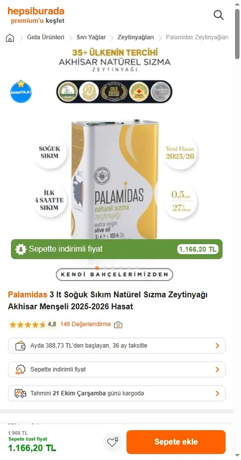 Palamidas 3 lt Soğuk Sıkım Natürel Sızma Zeytinyağı Akhisar Menşeli 2025-2026 Hasat