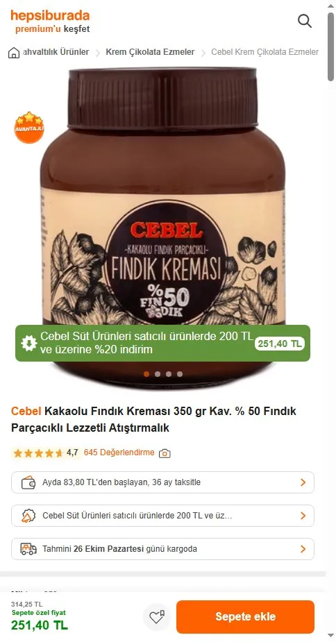Cebel Kakaolu Fındık Kreması 350 gr Kav. % 50 Fındık Parçacıklı Lezzetli Atıştırmalık