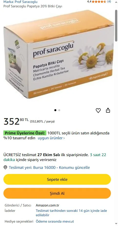 Prof Saracoglu Papatya 20'li Bitki Çayı