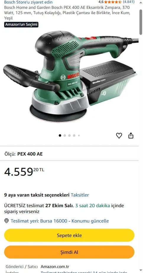 Bosch Home and Garden Bosch PEX 400 AE Eksantrik Zımpara, 370 Watt, 125 mm, Tutuş Kolaylığı, Plastik Çantası ile Birlikte, İnce Kum, Yeşil
