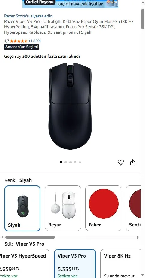 Razer Viper V3 Pro - Ultralight Kablosuz Espor Oyun Mouse'u (8K Hz HyperPolling, 54g hafif tasarım, Focus Pro Sensör 35K DPI, HyperSpeed Kablosuz, 95 saat pil ömrü) Siyah