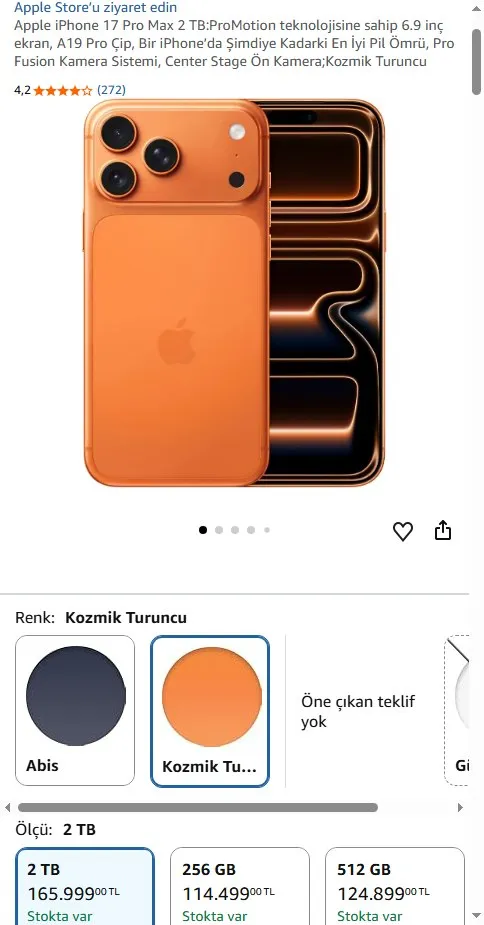 Apple iPhone 17 Pro Max 2 TB:ProMotion teknolojisine sahip 6.9 inç ekran, A19 Pro Çip, Bir iPhone’da Şimdiye Kadarki En İyi Pil Ömrü, Pro Fusion Kamera Sistemi, Center Stage Ön Kamera;Kozmik Turuncu