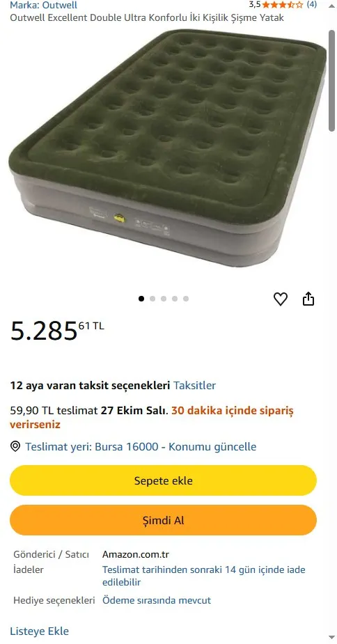 Outwell Excellent Double Ultra Konforlu İki Kişilik Şişme Yatak