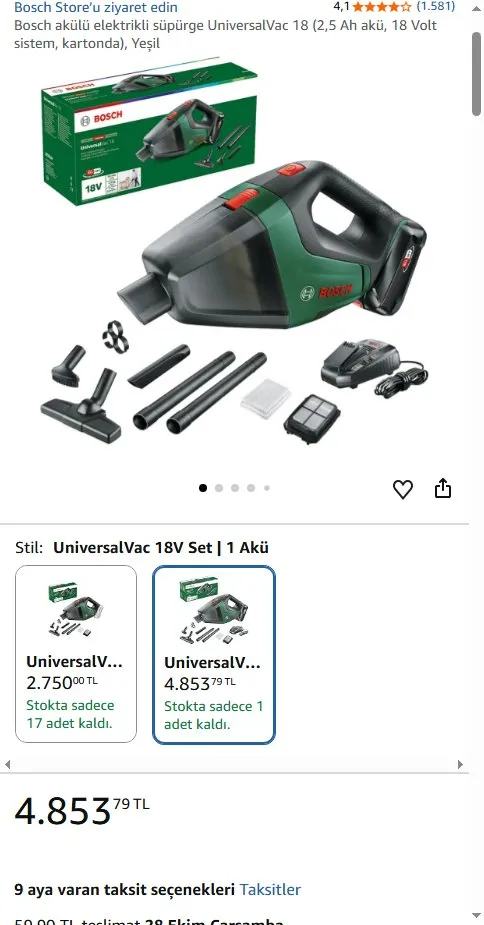 Bosch akülü elektrikli süpürge UniversalVac 18 (2,5 Ah akü, 18 Volt sistem, kartonda), Yeşil
