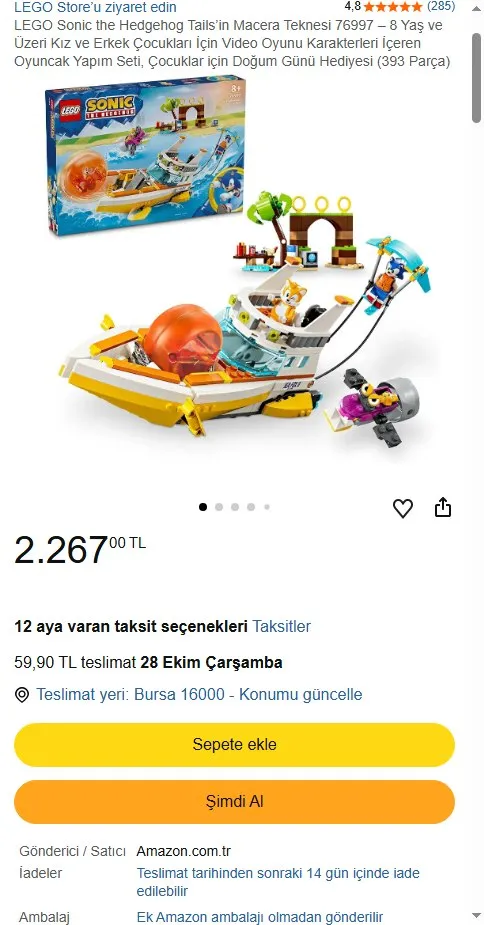 LEGO Sonic the Hedgehog Tails’in Macera Teknesi 76997 – 8 Yaş ve Üzeri Kız ve Erkek Çocukları İçin Video Oyunu Karakterleri İçeren Oyuncak Yapım Seti, Çocuklar için Doğum Günü Hediyesi (393 Parça)