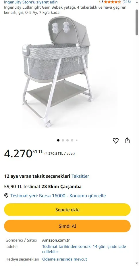 Ingenuity Lullanight Gem Bebek yatağı, 4 tekerlekli ve hava geçiren kenarlı, gri, 0-5 Ay, 7 kg'a kadar