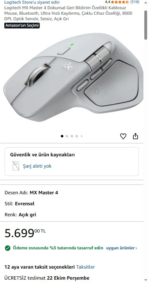 Logitech MX Master 4 Dokunsal Geri Bildirim Özellikli Kablosuz Mouse, Bluetooth, Ultra Hızlı Kaydırma, Çoklu Cihaz Özelliği, 8000 DPI, Optik Sensör, Sessiz, Açık Gri