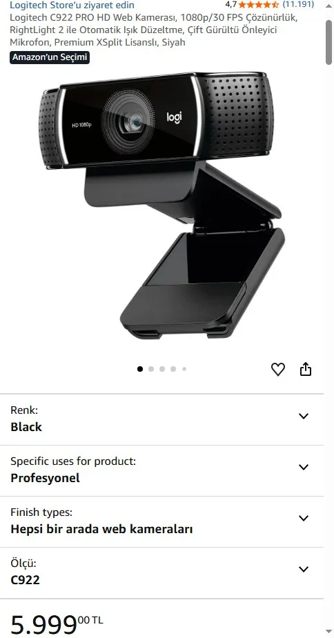 Logitech C922 PRO HD Web Kamerası, 1080p/30 FPS Çözünürlük, RightLight 2 ile Otomatik Işık Düzeltme, Çift Gürültü Önleyici Mikrofon, Premium XSplit Lisanslı, Siyah