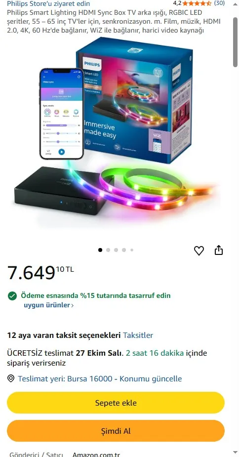 Philips Smart Lighting HDMI Sync Box TV arka ışığı, RGBIC LED şeritler, 55 – 65 inç TV'ler için, senkronizasyon. m. Film, müzik, HDMI 2.0, 4K, 60 Hz'de bağlanır, WiZ ile bağlanır, harici video kaynağı