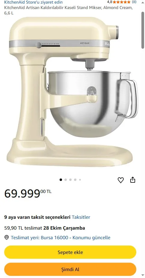 KitchenAid Artisan Kaldırılabilir Kaseli Stand Mikser, Almond Cream, 6,6 L
