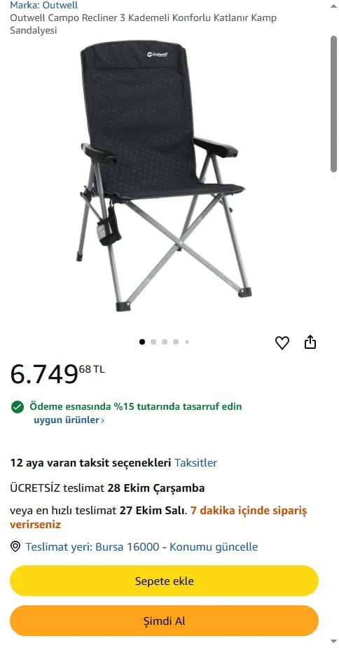 Outwell Campo Recliner 3 Kademeli Konforlu Katlanır Kamp Sandalyesi