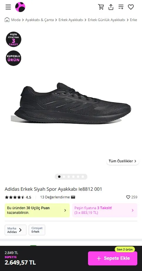 Adidas Erkek Siyah Spor Ayakkabı Ie8812 001