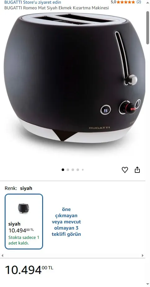 BUGATTI Romeo Mat Siyah Ekmek Kızartma Makinesi