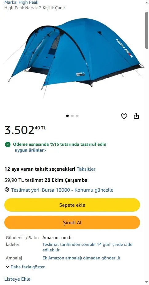 High Peak Narvik 2 Kişilik Çadır
