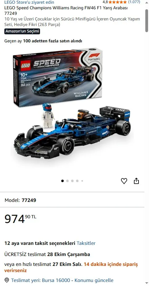 LEGO Speed Champions Williams Racing FW46 F1 Yarış Arabası 77249