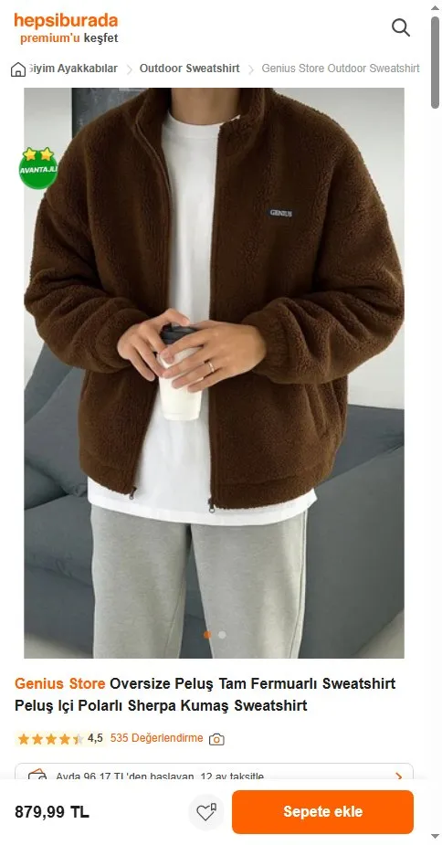 Genius Store Oversize Peluş Tam Fermuarlı Sweatshirt Peluş Içi Polarlı Sherpa Kumaş Sweatshirt