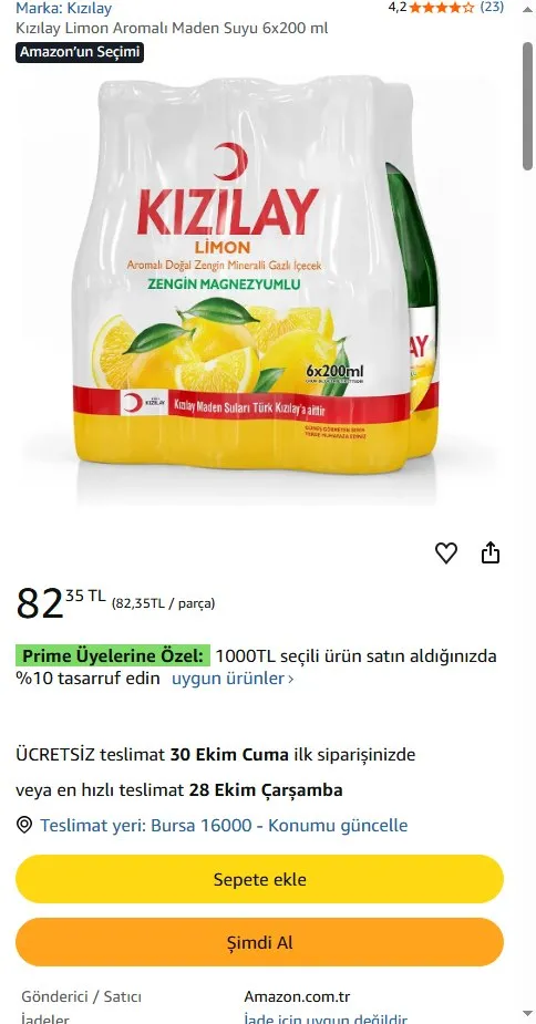 Kızılay Limon Aromalı Maden Suyu 6x200 ml
