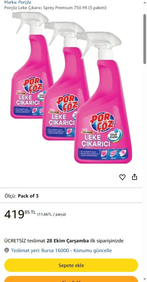 Porçöz Leke Çıkarıcı Sprey Premium 750 Ml (3 paketi)