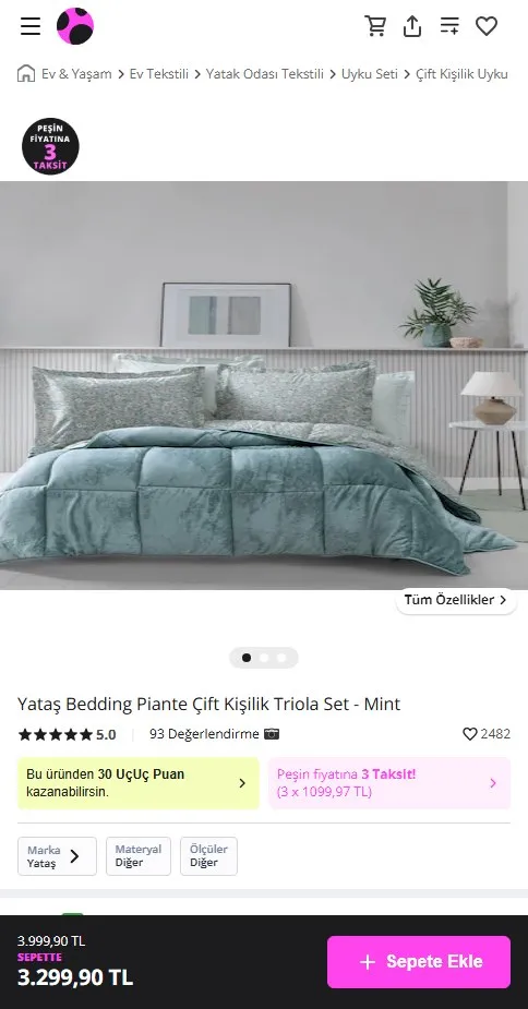 Yataş Bedding Piante Çift Kişilik Triola Set - Mint
