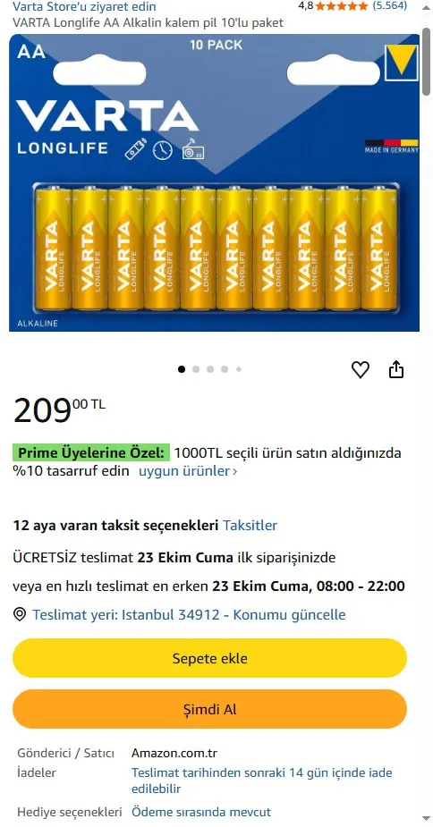 VARTA Longlife AA Alkalin kalem pil 10'lu paket