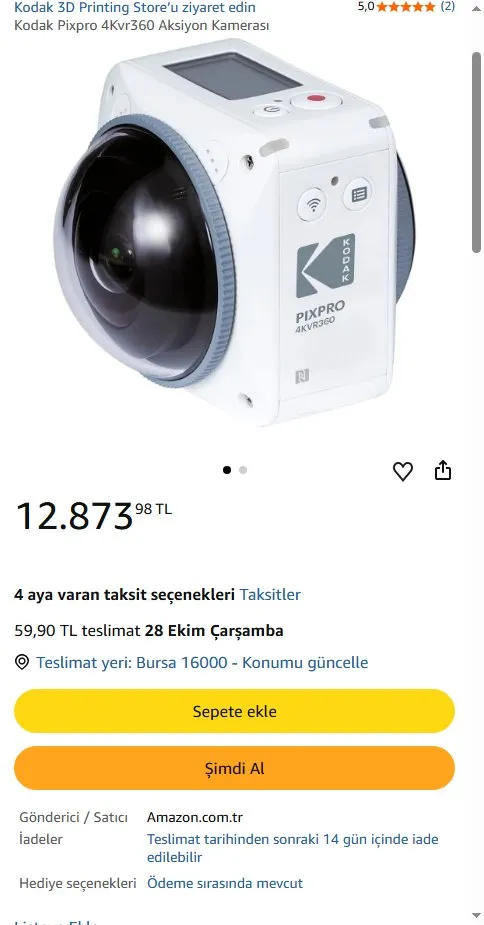 Kodak Pixpro 4Kvr360 Aksiyon Kamerası
