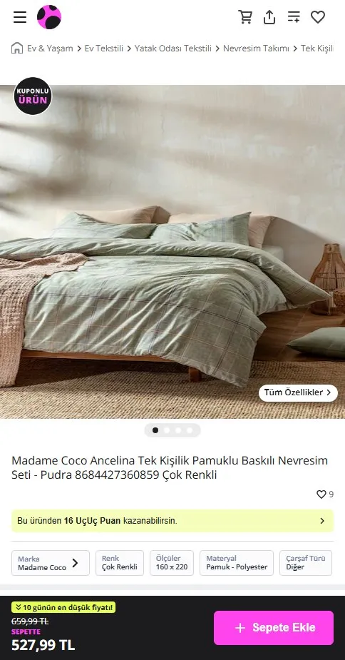 Madame Coco Ancelina Tek Kişilik Pamuklu Baskılı Nevresim Seti - Pudra 8684427360859 Çok Renkli