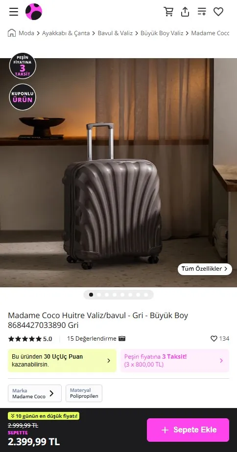 Madame Coco Huitre Valiz/bavul - Gri - Büyük Boy 8684427033890 Gri