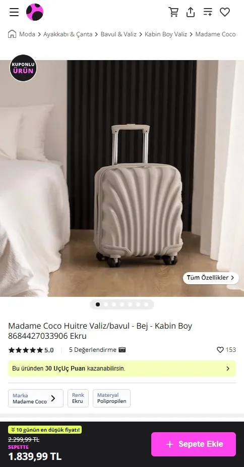 Madame Coco Huitre Valiz/bavul - Bej - Kabin Boy 8684427033906 Ekru