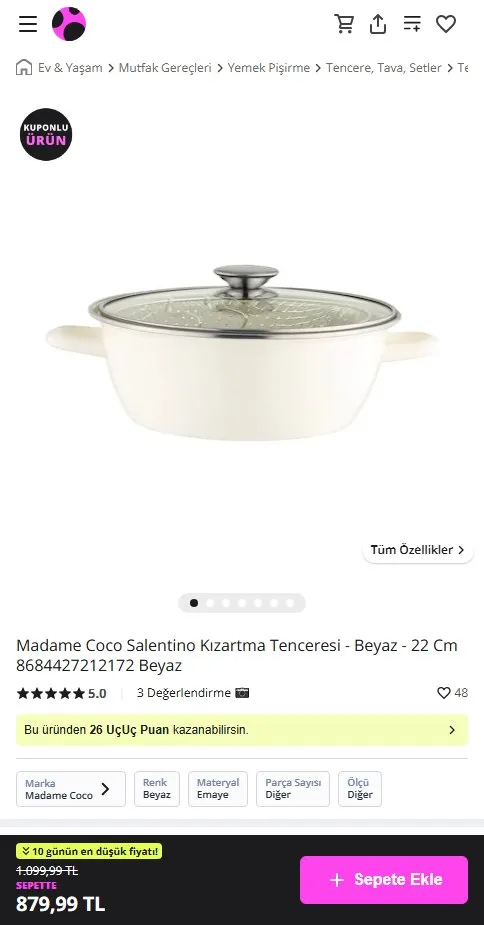 Madame Coco Salentino Kızartma Tenceresi - Beyaz - 22 Cm 8684427212172 Beyaz
