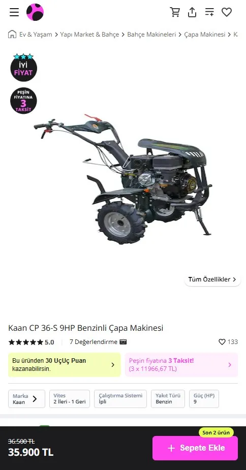 Kaan CP 36-S 9HP Benzinli Çapa Makinesi