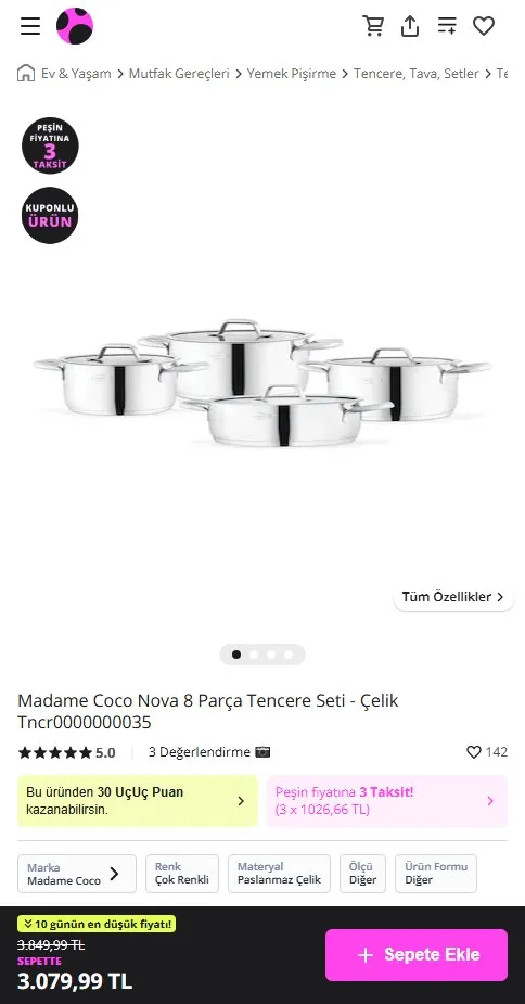 Madame Coco Nova 8 Parça Tencere Seti - Çelik Tncr0000000035