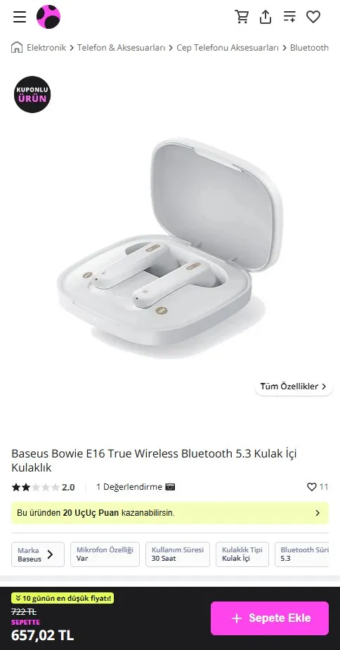 Baseus Bowie E16 True Wireless Bluetooth 5.3 Kulak İçi Kulaklık