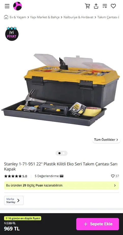 Stanley 1-71-951 22" Plastik Kilitli Eko Seri Takım Çantası Sarı Kapak