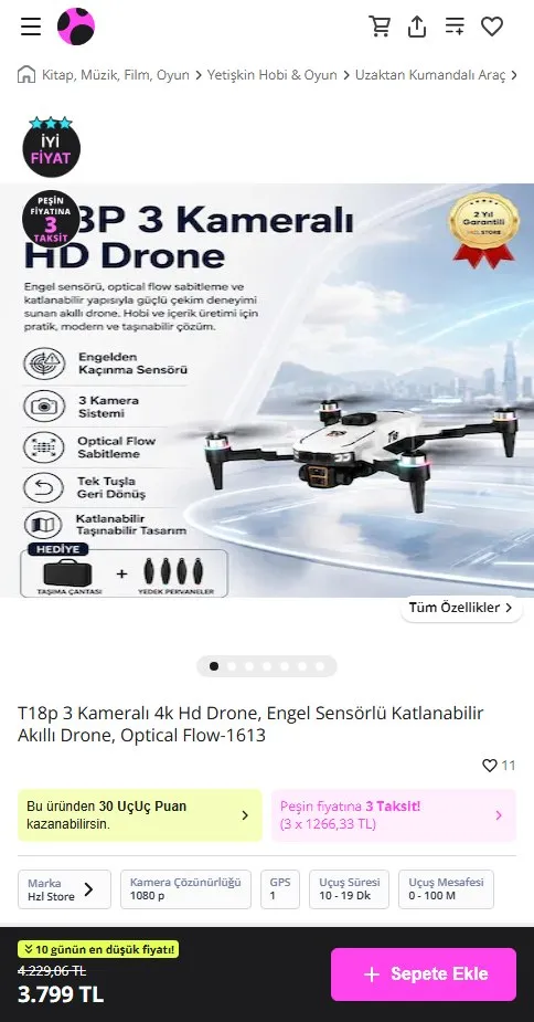 T18p 3 Kameralı 4k Hd Drone, Engel Sensörlü Katlanabilir Akıllı Drone, Optical Flow-1613