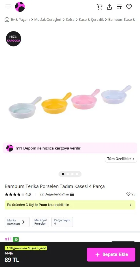 Bambum Terika Porselen Tadım Kasesi 4 Parça