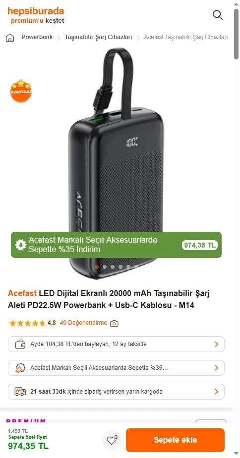Acefast LED Dijital Ekranlı 20000 mAh Taşınabilir Şarj Aleti PD22.5W Powerbank + Usb-C Kablosu - M14