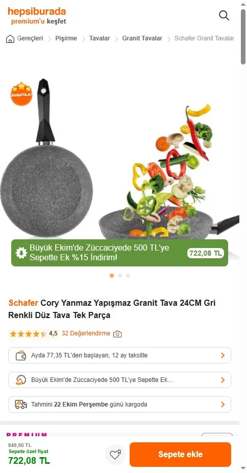 Schafer Cory Yanmaz Yapışmaz Granit Tava 24CM Gri Renkli Düz Tava Tek Parça