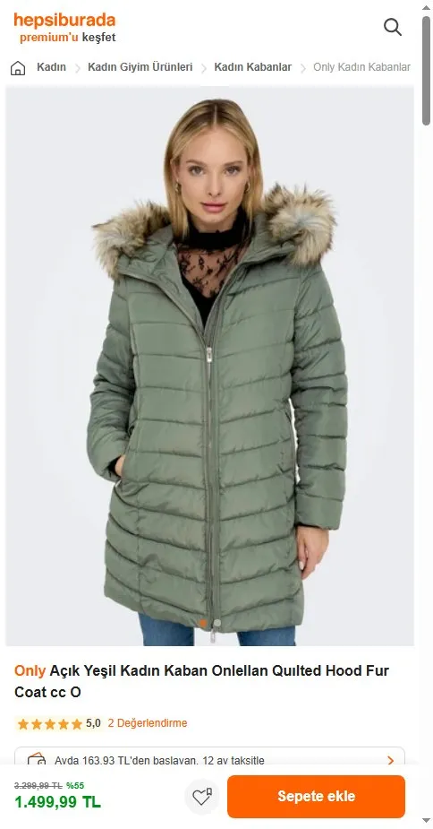 Only Açık Yeşil Kadın Kaban Onlellan Quılted Hood Fur Coat cc O