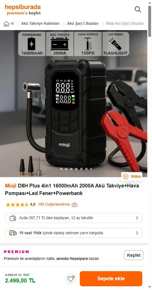 Mioji D8H Plus 4in1 16000mAh 2000A Akü Takviye+Hava Pompası+Led Fener+Powerbank
