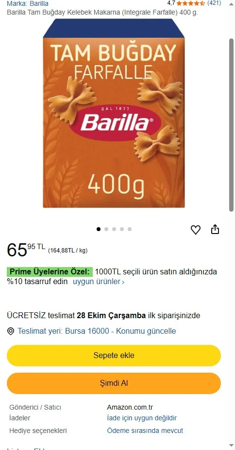 Barilla Tam Buğday Kelebek Makarna (Integrale Farfalle) 400 g.