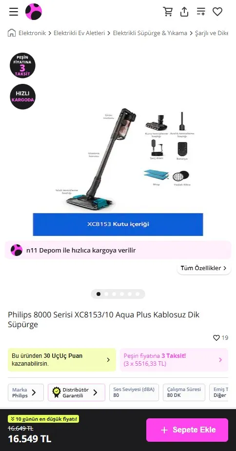 Philips 8000 Serisi XC8153/10 Aqua Plus Kablosuz Dik Süpürge