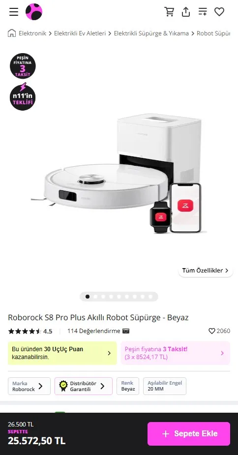 Roborock S8 Pro Plus Akıllı Robot Süpürge - Beyaz
