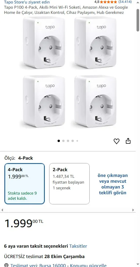Tapo P100 4-Pack, Akıllı Mini Wi-Fi Soketi, Amazon Alexa ve Google Home ile Çalışır, Uzaktan Kontrol, Cihaz Paylaşımı, Hub Gerekmez
