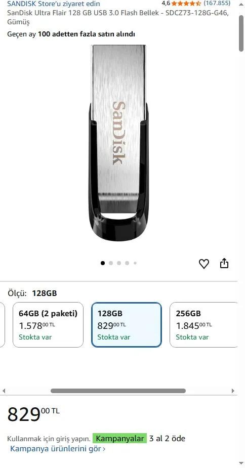 SanDisk Ultra Flair 128 GB USB 3.0 Flash Bellek - SDCZ73-128G-G46, Gümüş