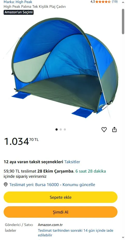 High Peak Palma Tek Kişilik Plaj Çadırı