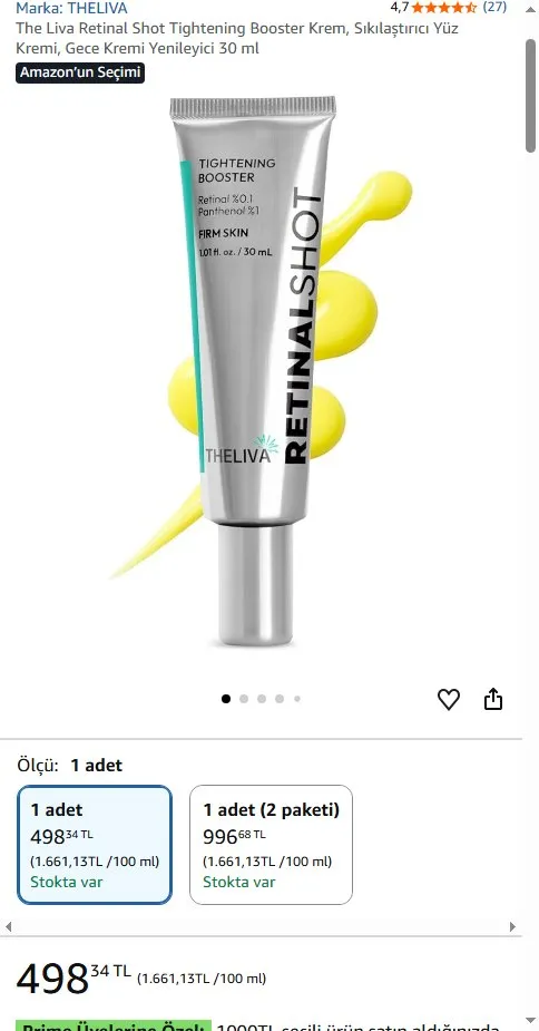 The Liva Retinal Shot Tightening Booster Krem, Sıkılaştırıcı Yüz Kremi, Gece Kremi Yenileyici 30 ml