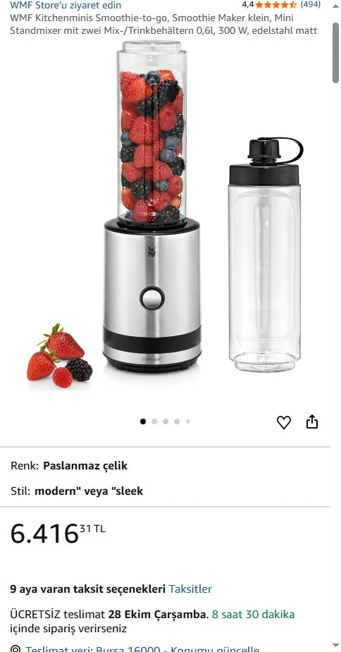 WMF Kitchenminis Smoothie-to-go, Smoothie Maker klein, Mini Standmixer mit zwei Mix-/Trinkbehältern 0,6l, 300 W, edelstahl matt