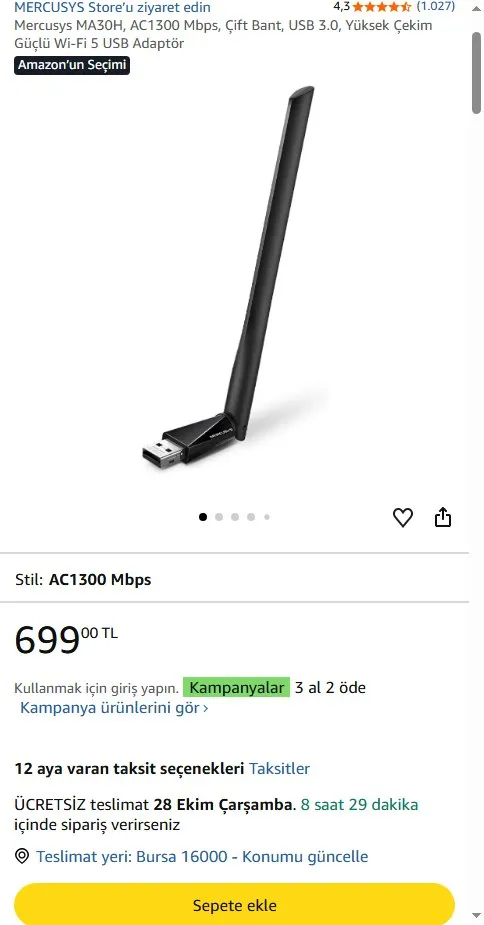 Mercusys MA30H, AC1300 Mbps, Çift Bant, USB 3.0, Yüksek Çekim Güçlü Wi-Fi 5 USB Adaptör