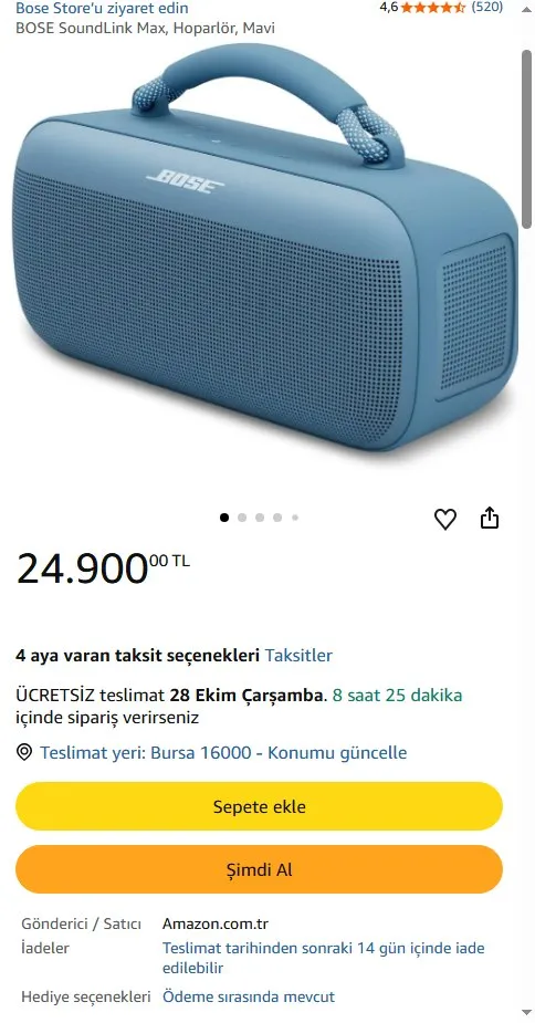 BOSE SoundLink Max, Hoparlör, Mavi