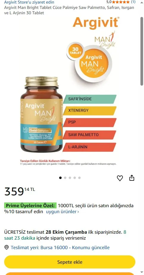 Argivit Man Bright Tablet Cüce Palmiye Saw Palmetto, Safran, Isırgan ve L Arjinin 30 Tablet